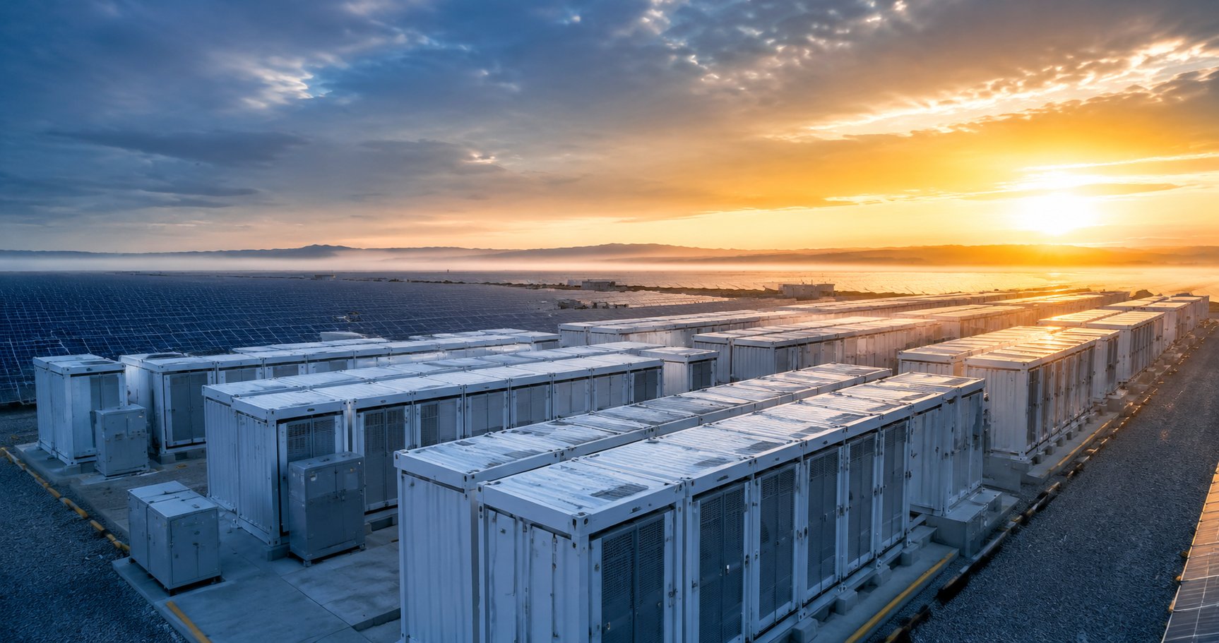 Contenedores de un sistema de almacenamiento de energía con baterías de litio (ESS) a escala de red al atardecer — Vosray Energy suministra las celdas LiFePO4 de su interior